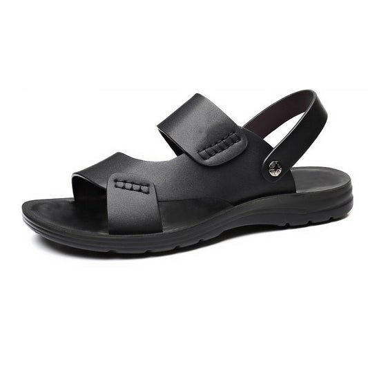 Men's Coastal Stroll Sandals by MANDOTOS INTERNATIONAL, beige slip-on sandals with adjustable straps and cushioned soles.