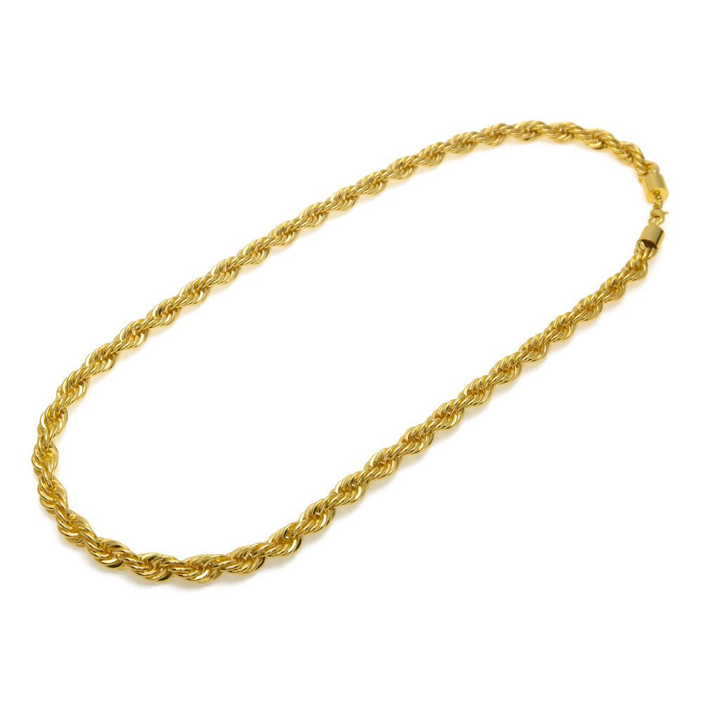 Men's gold-plated hip-hop necklace with a 1cm twist rope chain, high-fashion style by MANDOTOS INTERNATIONAL.