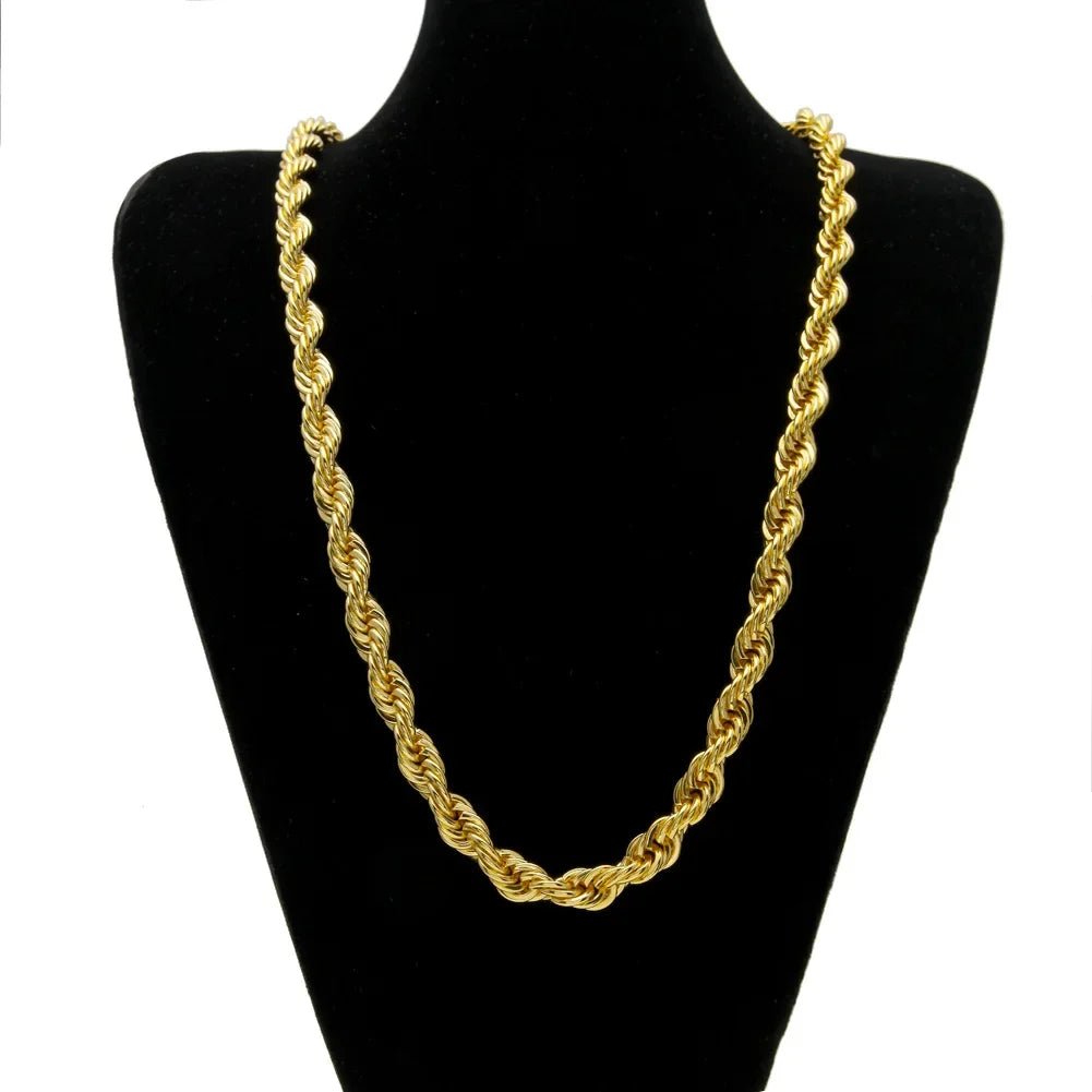 Men's gold-plated hip-hop necklace with a 1cm twist rope chain, stylish high fashion accessory by MANDOTOS INTERNATIONAL.