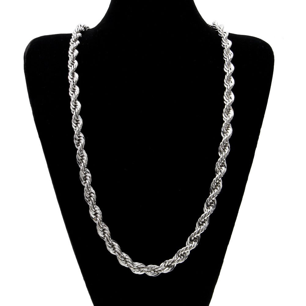 Men's gold-plated hip-hop necklace with a 1cm twist rope chain, high fashion style by MANDOTOS INTERNATIONAL.