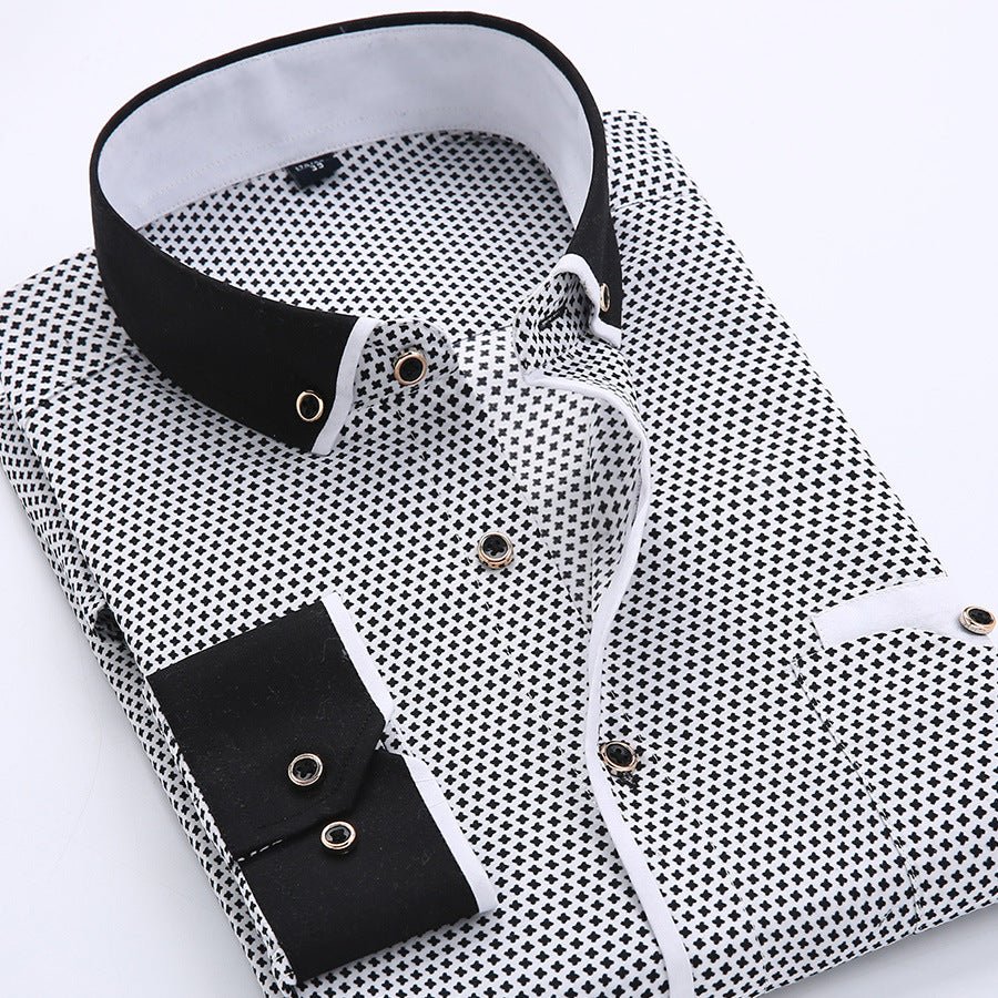 Men's slim-fit printed long-sleeve business shirt by MANDOTOS INTERNATIONAL, shown in a close-up view of the stylish patterned fabric.