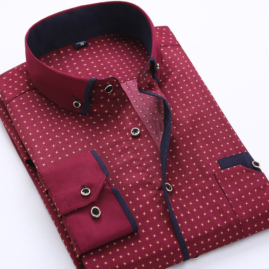 Men's slim-fit business printed long-sleeve shirt by MANDOTOS INTERNATIONAL, shown in a stylish design with a button-up front.