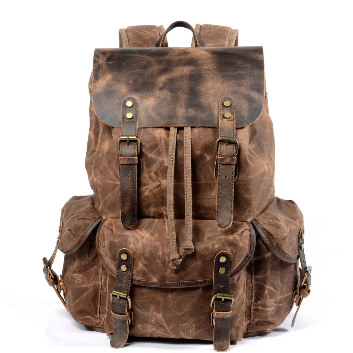 Men's vintage Batik canvas and leather backpack by Mandotos International showing front view with adjustable straps and detailed Batik pattern.