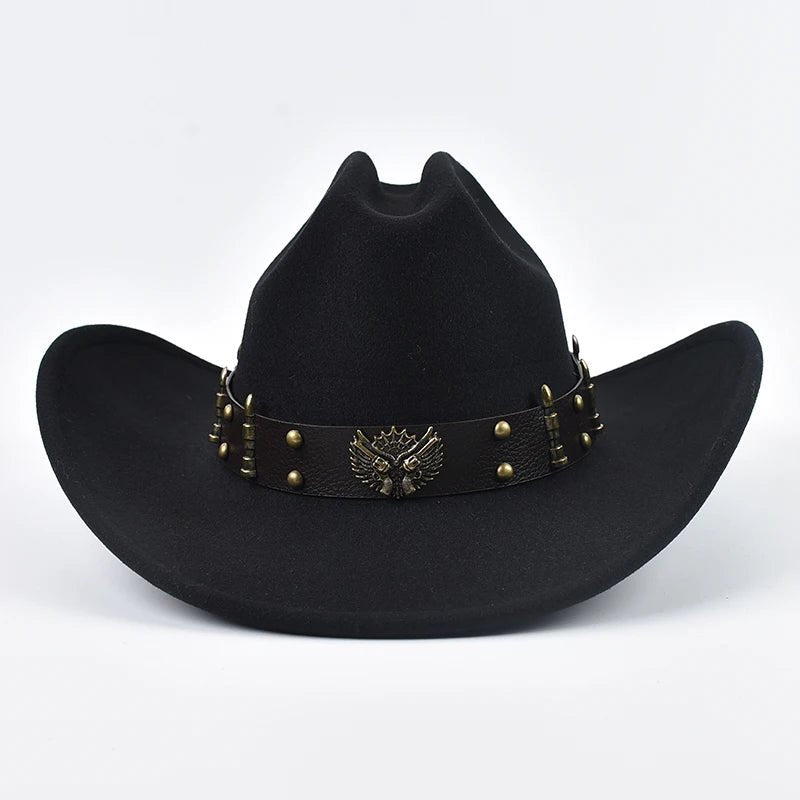 Men and women wearing vintage leather cowboy hats with big brims, western style, by MANDOTOS INTERNATIONAL.
