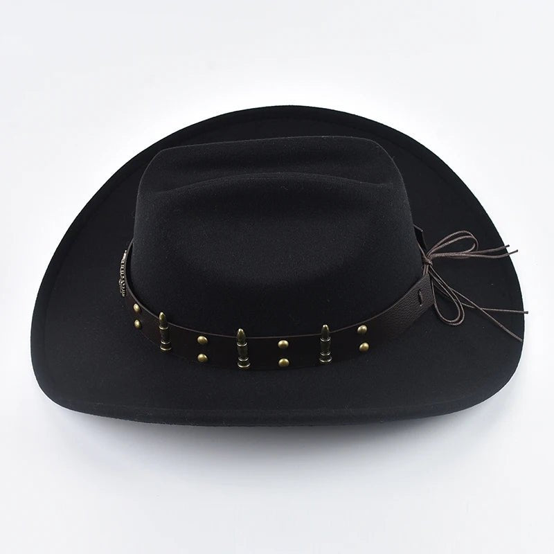 Mandotos International men's and women's Western cowboy hat with leather, vintage style, big brim, cloche design, suitable for cowgirl and church wear