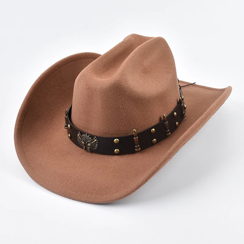 Men and women wearing vintage leather western cowboy hats with big brims, suitable for cowgirl, cloche, and church style.