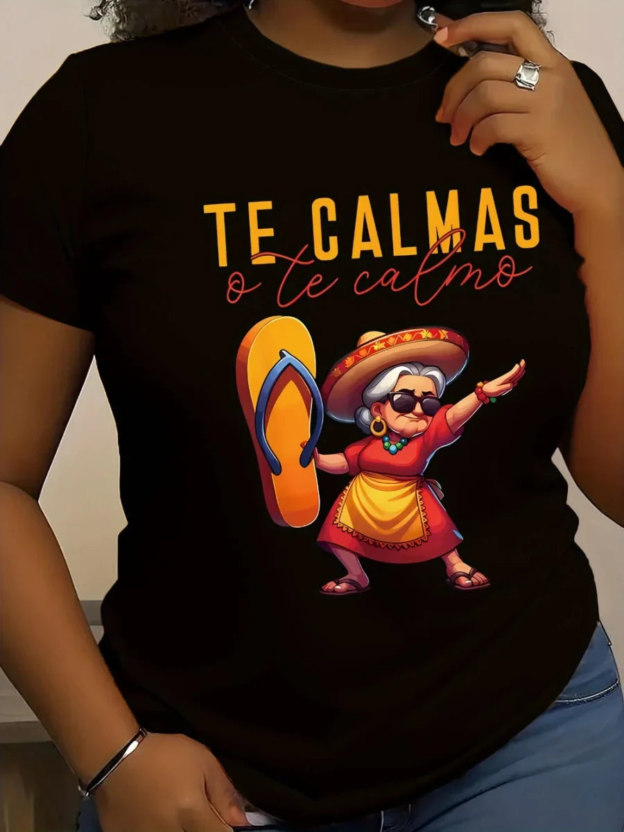 Women's Mexican Mama print T-shirt by MANDOTOS INTERNATIONAL, casual short sleeve round neck polyester knit top, regular fit.