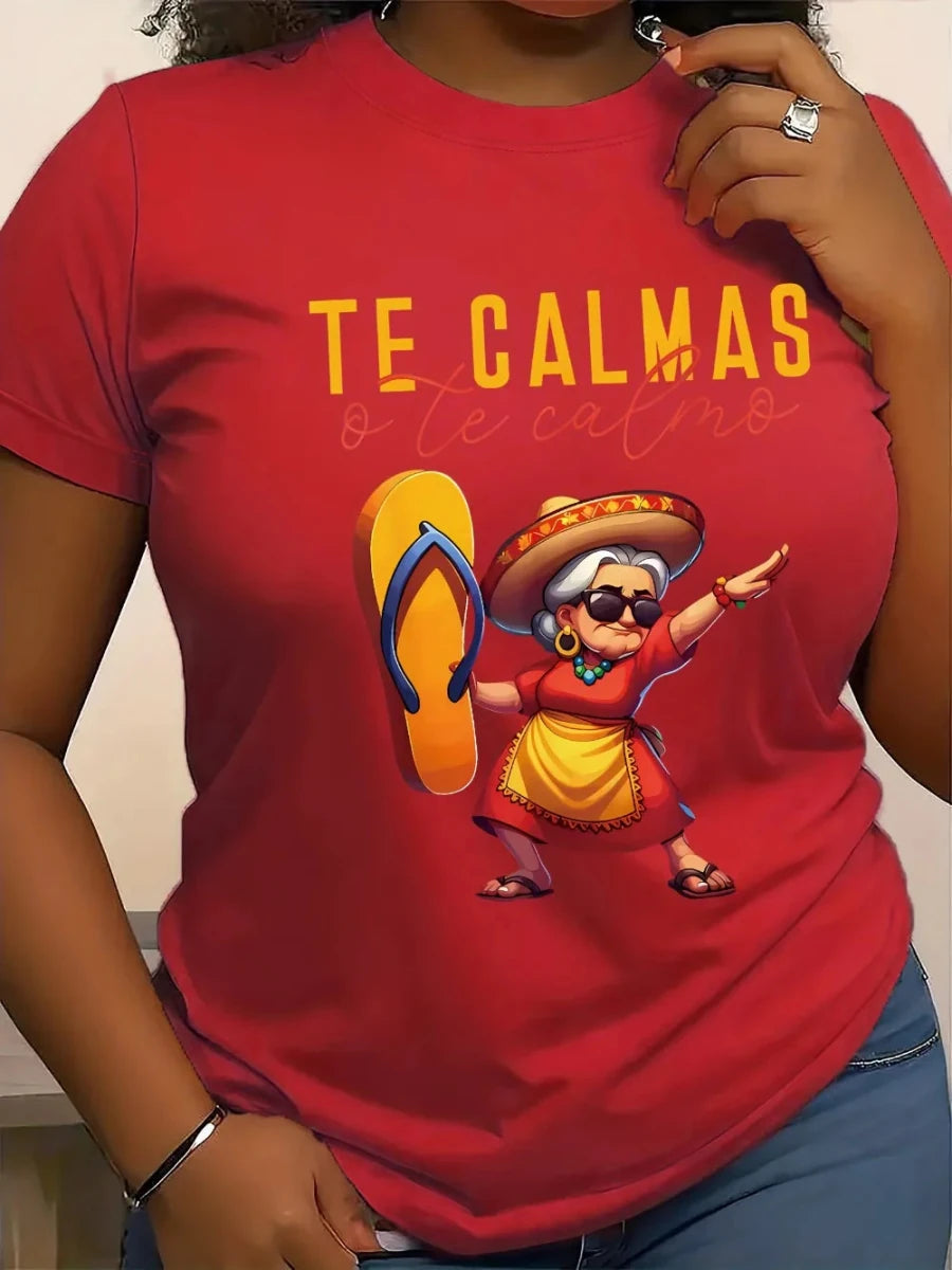 Mandotos International Mexican Mama print women's T-shirt with short sleeves, round neck, polyester knit fabric, casual regular fit.