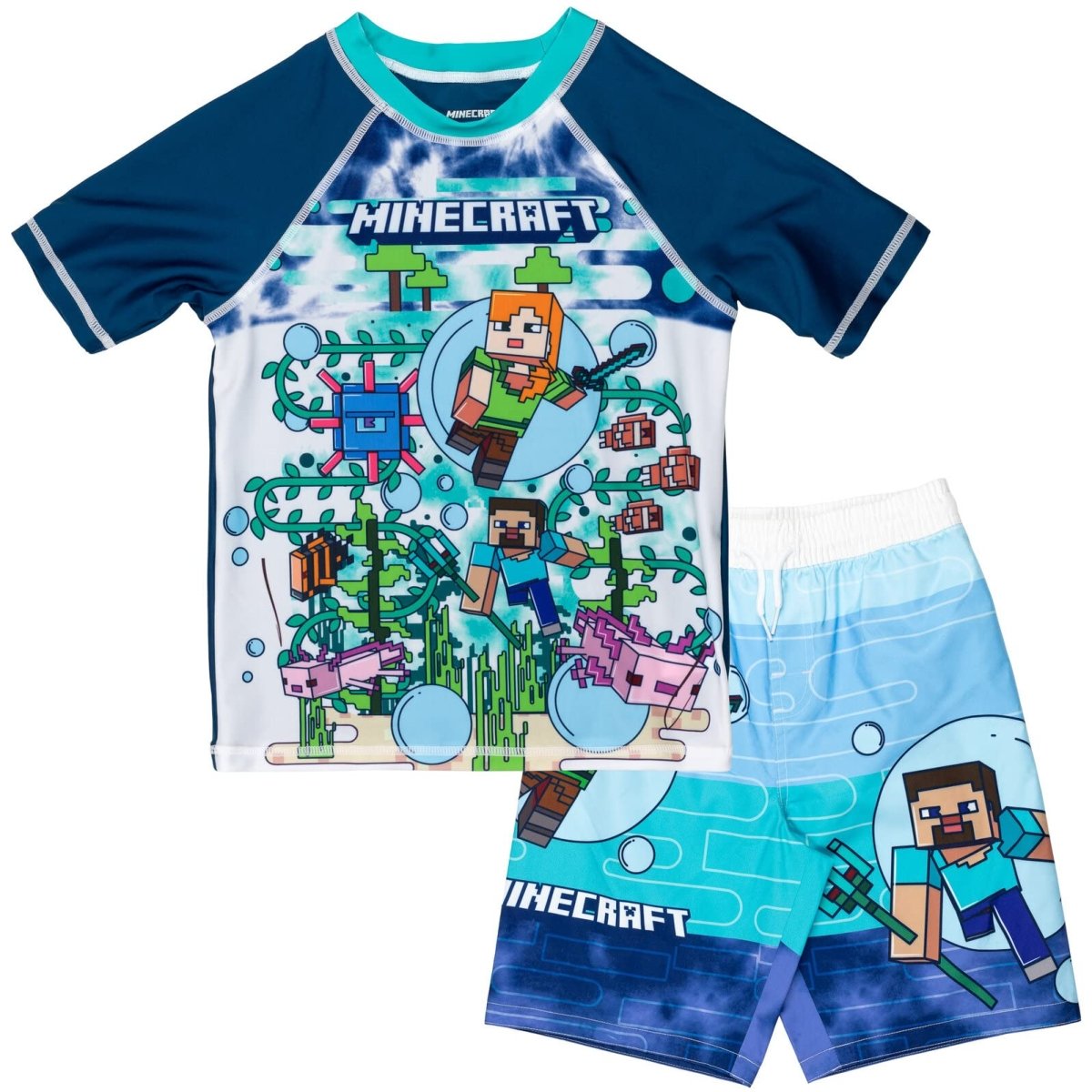 Minecraft Adventure boys' UPF 50+ swim set in blue, size 8, with Minecraft character print, by Mandotos International.