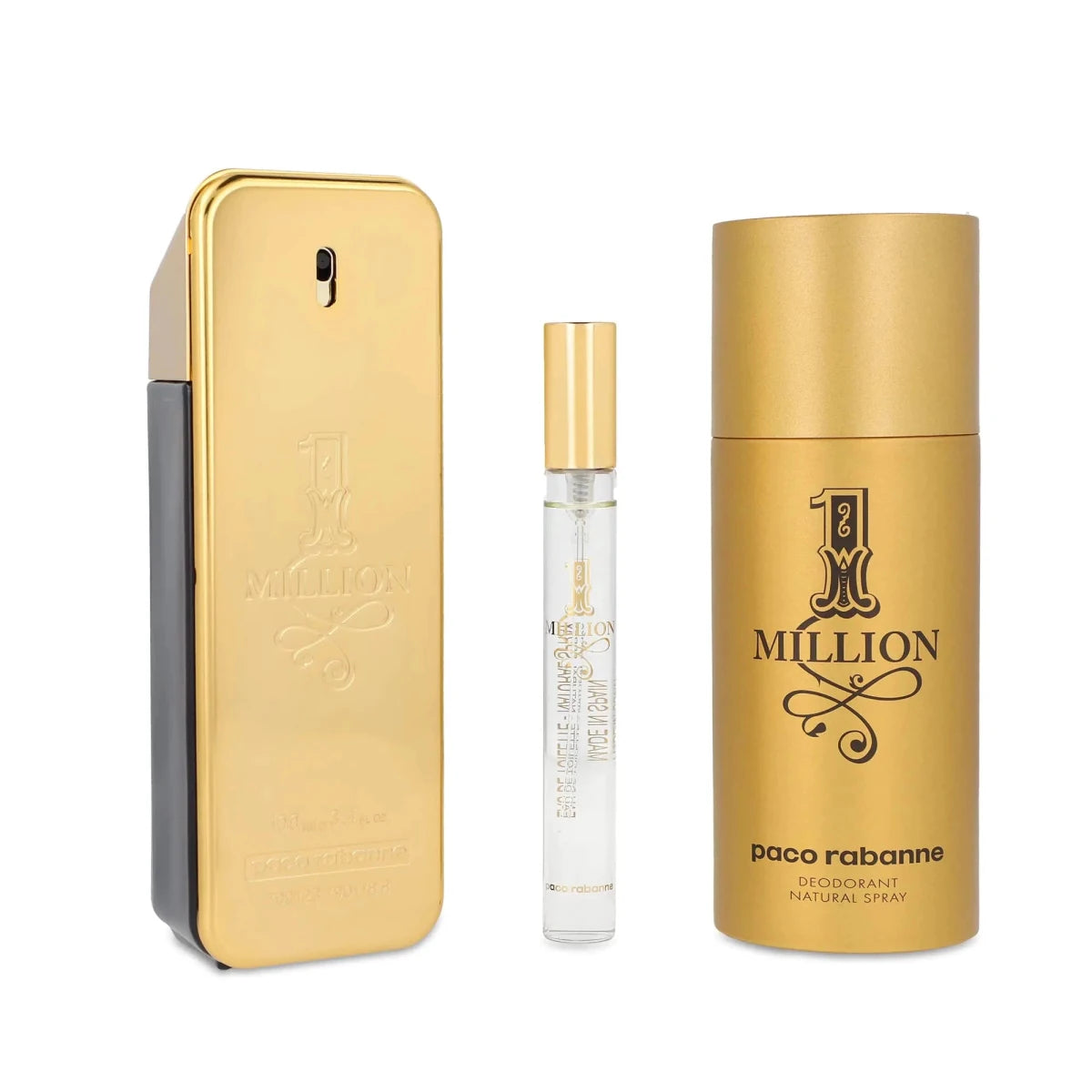 Paco Rabanne Million Man 3-set including Eau de Toilette, deodorant, and travel spray, displayed with bottles and packaging.