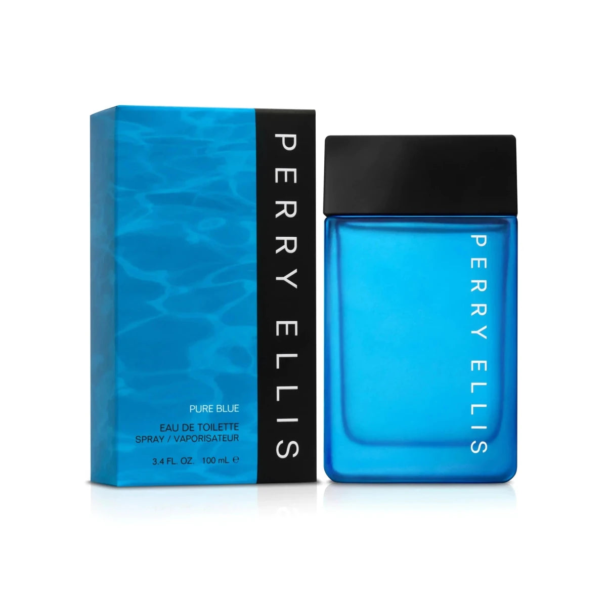 Perry Ellis Blue Essence 3.4 oz men's Eau de Toilette by MANDOTOS INTERNATIONAL, with a sleek blue bottle and elegant design.