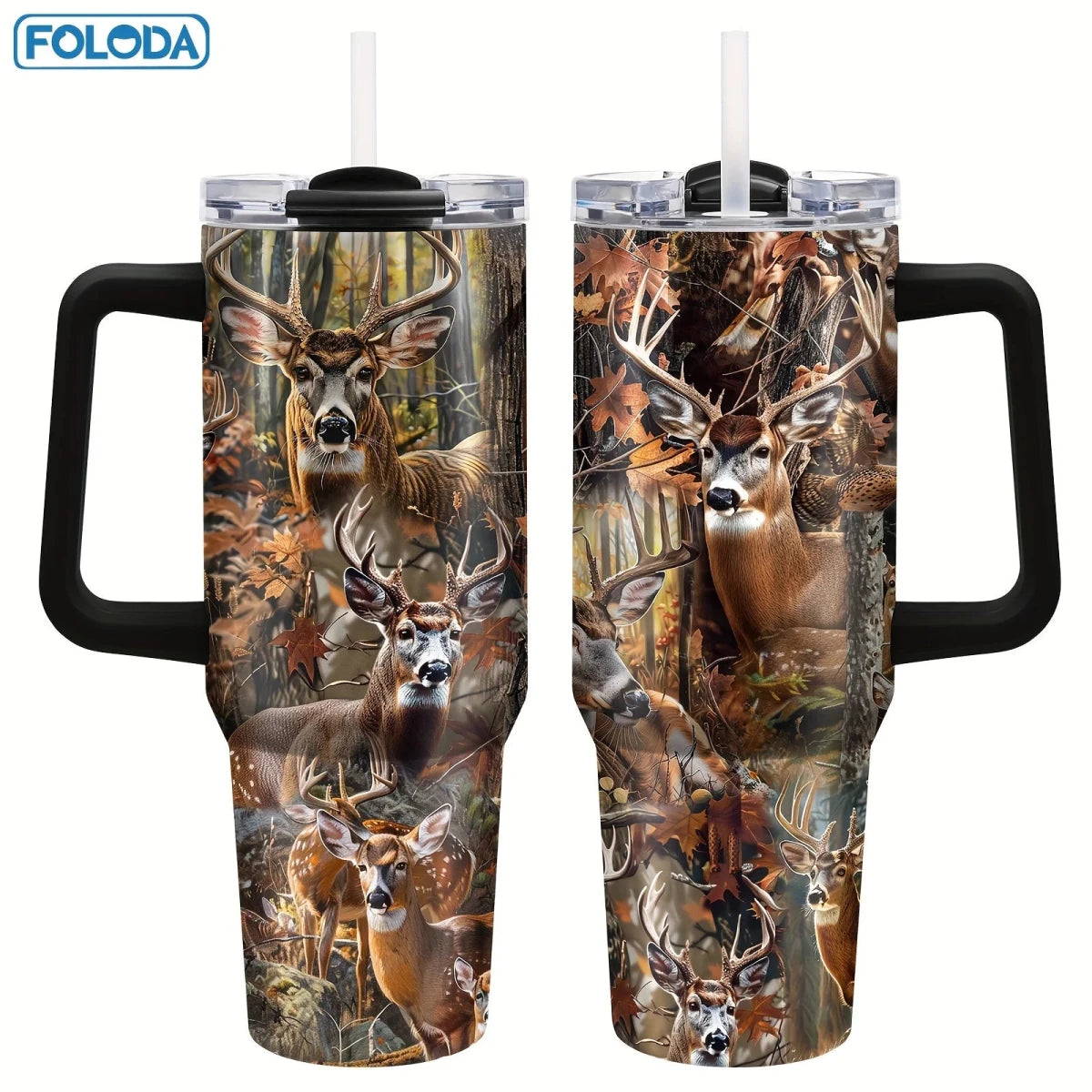 Personalized 40oz stainless steel travel coffee mug with handle by MANDOTOS INTERNATIONAL, durable and insulated for hot beverages