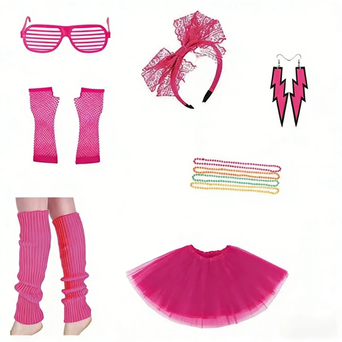 Mandotos International PESENAR 80s neon pink tutu costume accessory set with headband, leg warmers, and sunglasses on display.