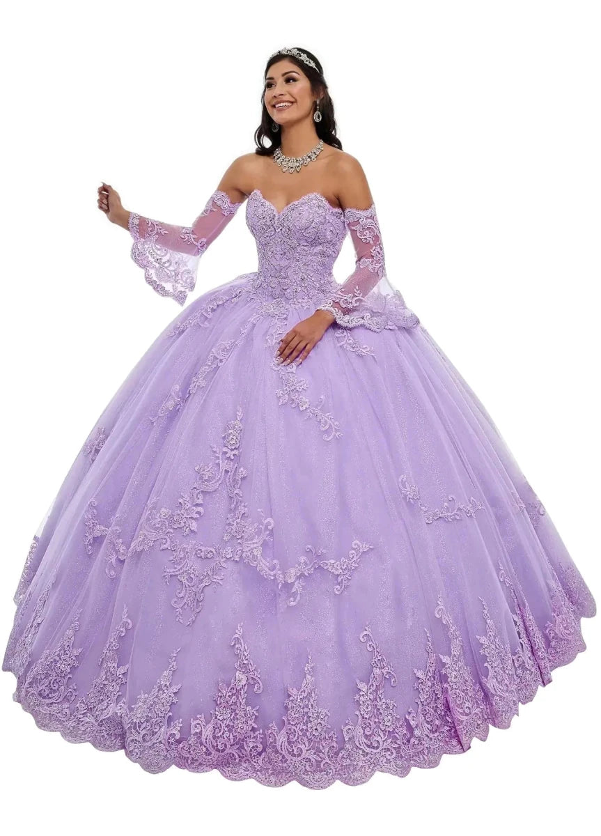 Lavender Quinceanera ball gown by MANDOTOS INTERNATIONAL, size 4, featuring intricate embroidery and a flowing skirt.