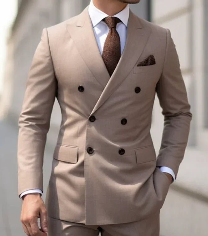 Premium brown men's bespoke double-breasted slim fit formal suit set by MANDOTOS INTERNATIONAL, shown on a hanger.