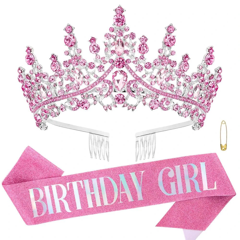 Princess pink rhinestone birthday tiara and crown set from MANDOTOS INTERNATIONAL, featuring sparkling rhinestones and a regal design.