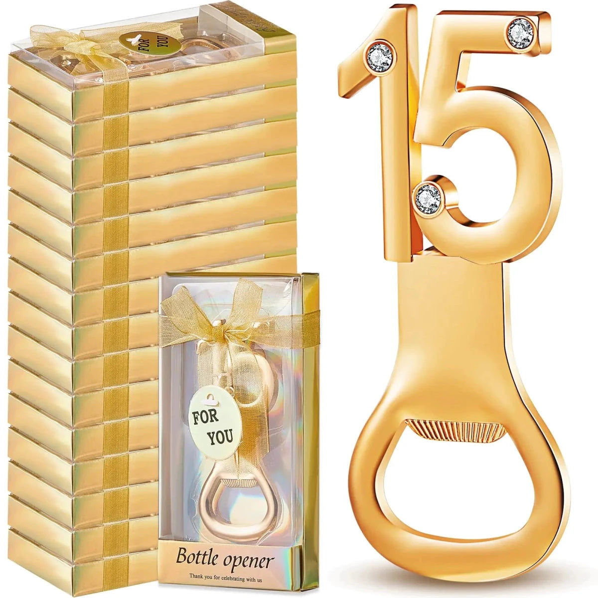 Set of 36 gold bottle openers with rhinestone decorations for QuinceGold 15th birthday party favors, by MANDOTOS INTERNATIONAL.