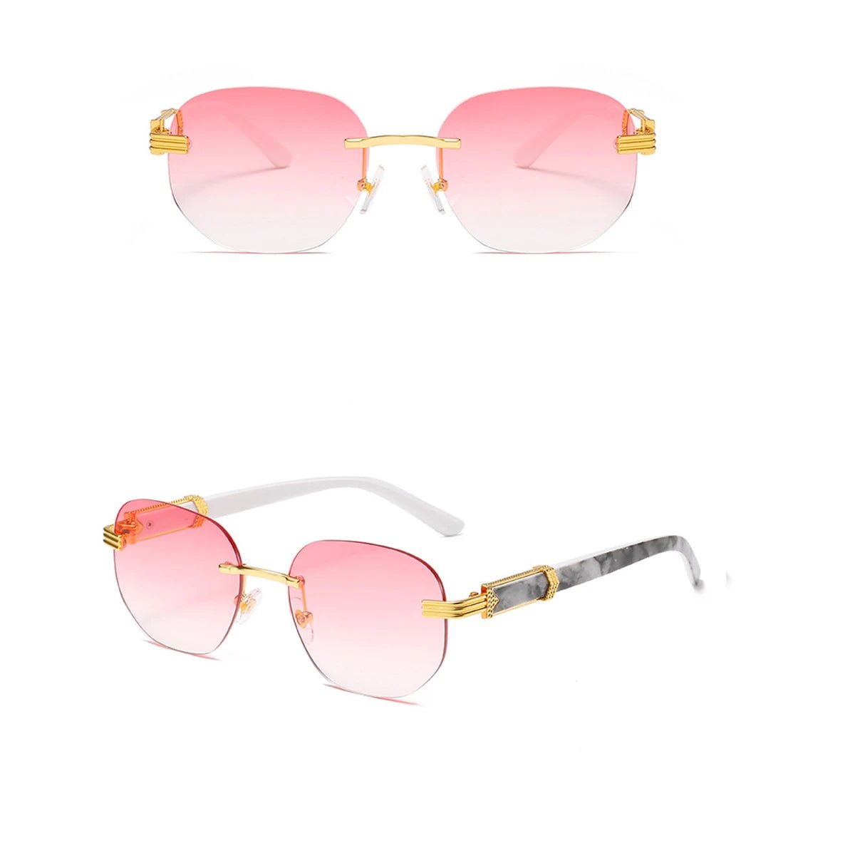 Retro square hip hop sunglasses with gold rimless frames for men and women, stylish fashion accessory by MANDOTOS INTERNATIONAL.