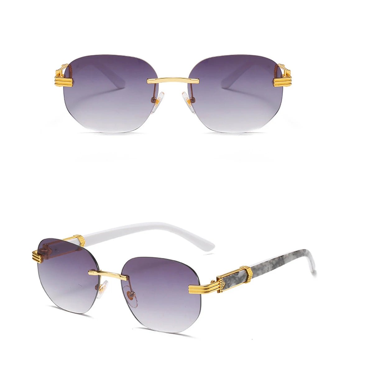 Retro square hip hop sunglasses with gold rimless frames, unisex fashion sunglasses by MANDOTOS INTERNATIONAL.