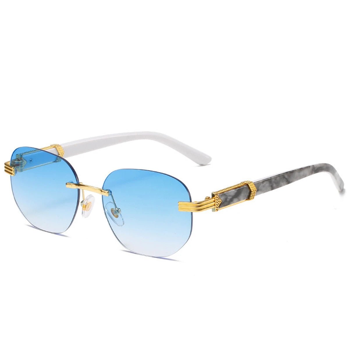 Retro square hip hop sunglasses with gold rimless design for men and women, stylish fashion accessory by MANDOTOS INTERNATIONAL.