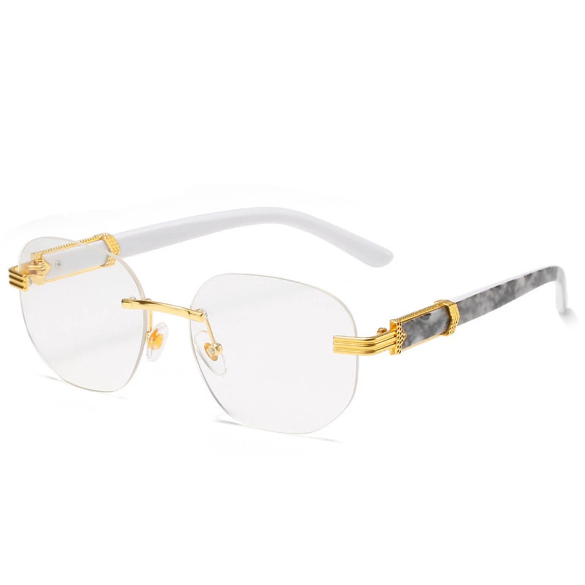 Retro square hip hop sunglasses with gold rimless frames, unisex fashion shades from MANDOTOS INTERNATIONAL.