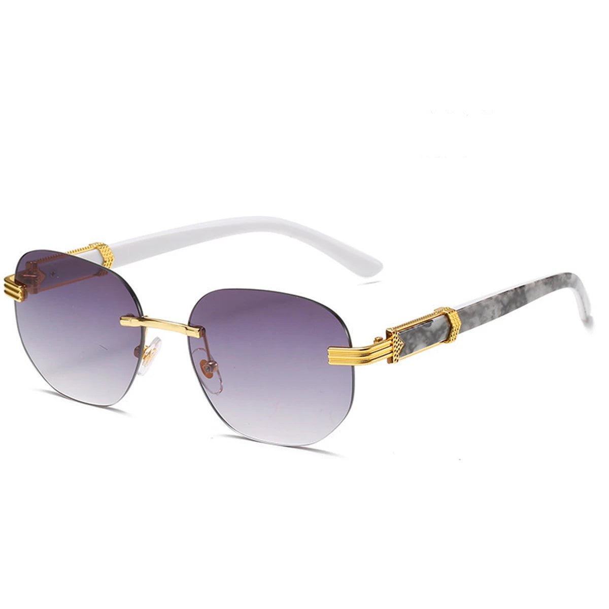 Gold rimless retro square hip hop sunglasses for men and women, stylish fashion eyewear by MANDOTOS INTERNATIONAL.