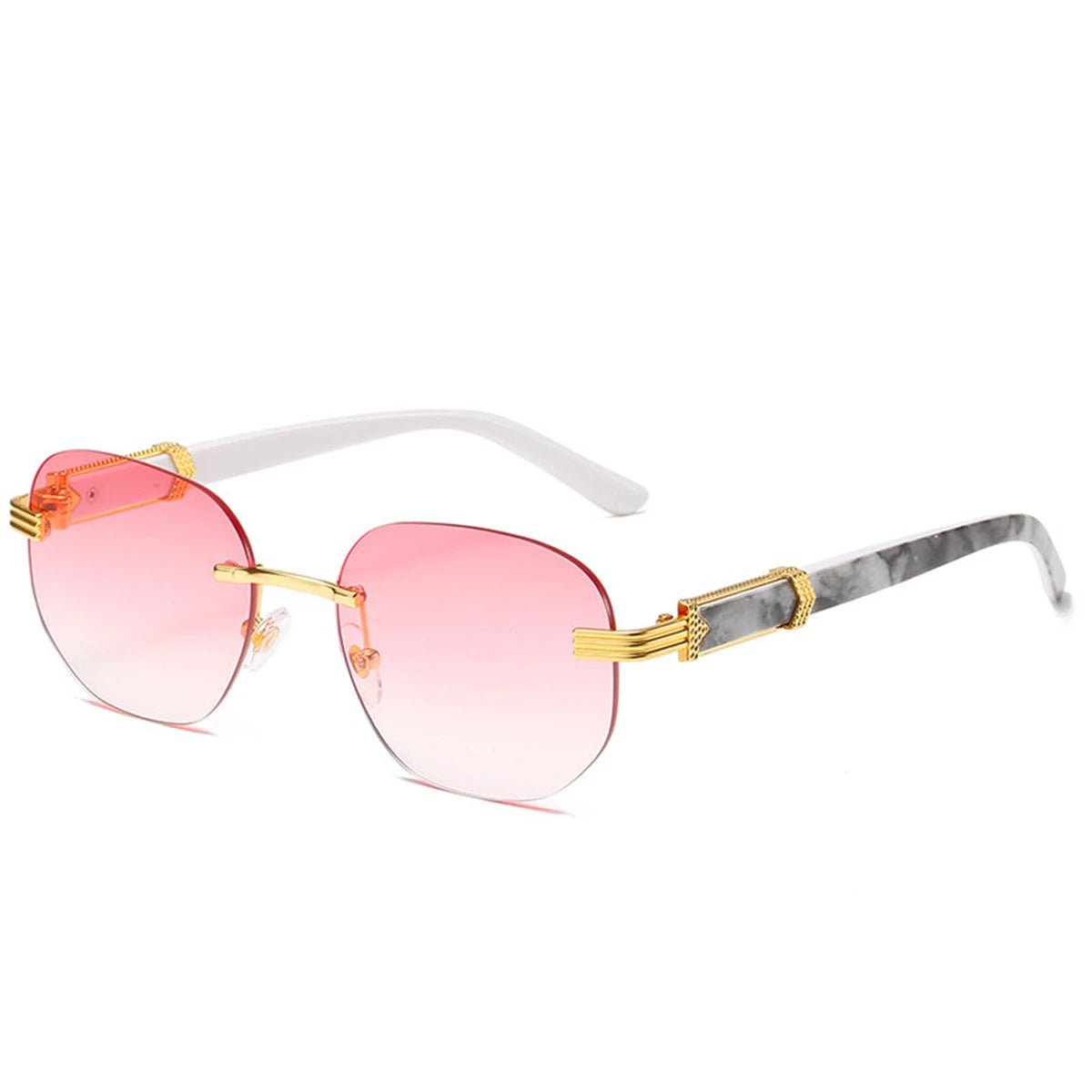 Gold rimless retro square hip hop sunglasses for men and women by Mandotos International, stylish fashion eyewear.
