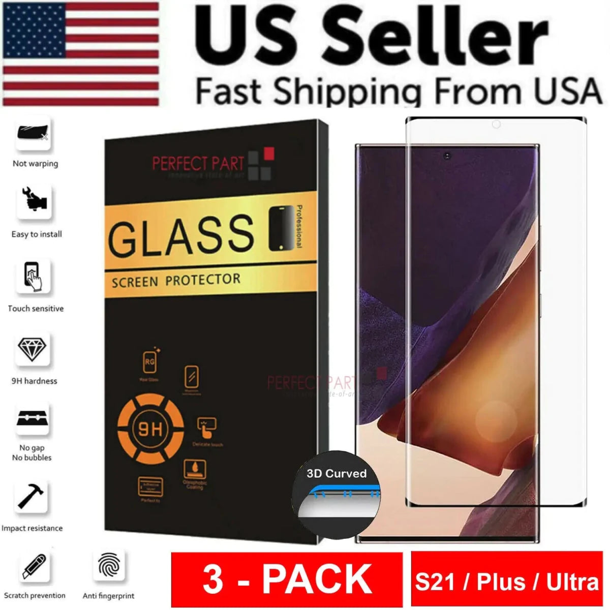 Mandotos International S21 Series 3-Pack Ultra Clear Screen Protectors for Samsung Galaxy S21 smartphones.