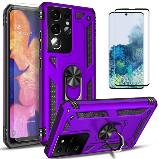 Purple S21 Ultra shockproof ring case by MANDOTOS INTERNATIONAL with raised edges and durable design for protection.