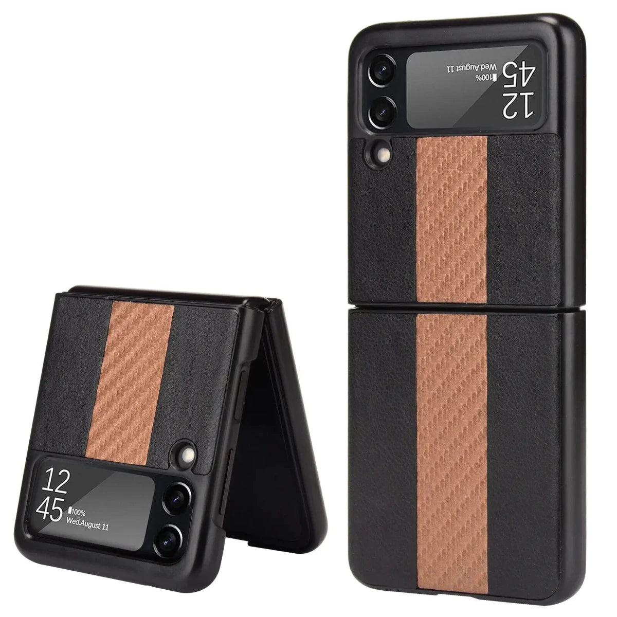 Samsung Z Flip 3 5G leather folding case from MANDOTOS INTERNATIONAL, shown in a close-up view highlighting the textured leather exterior.