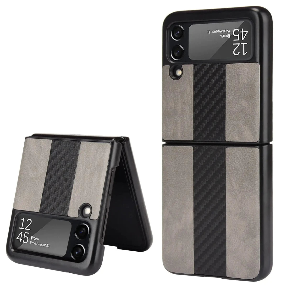 Samsung Z Flip 3 5G leather folding case by MANDOTOS INTERNATIONAL, shown in a close-up view highlighting the textured leather exterior.