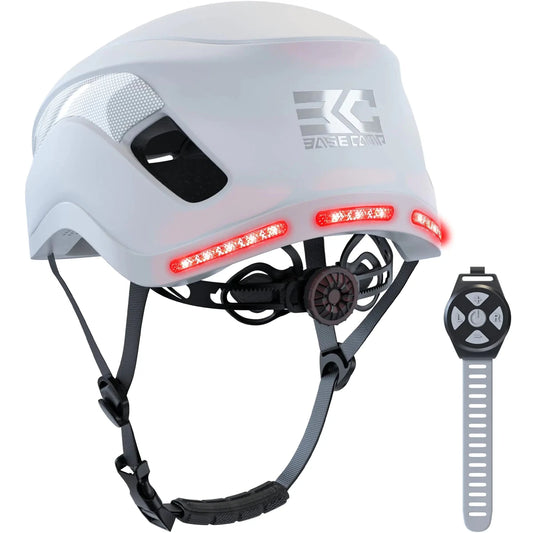 Mandotos International SF-999 smart cycling helmet with Bluetooth earphones, LED turn signals, and adjustable straps.
