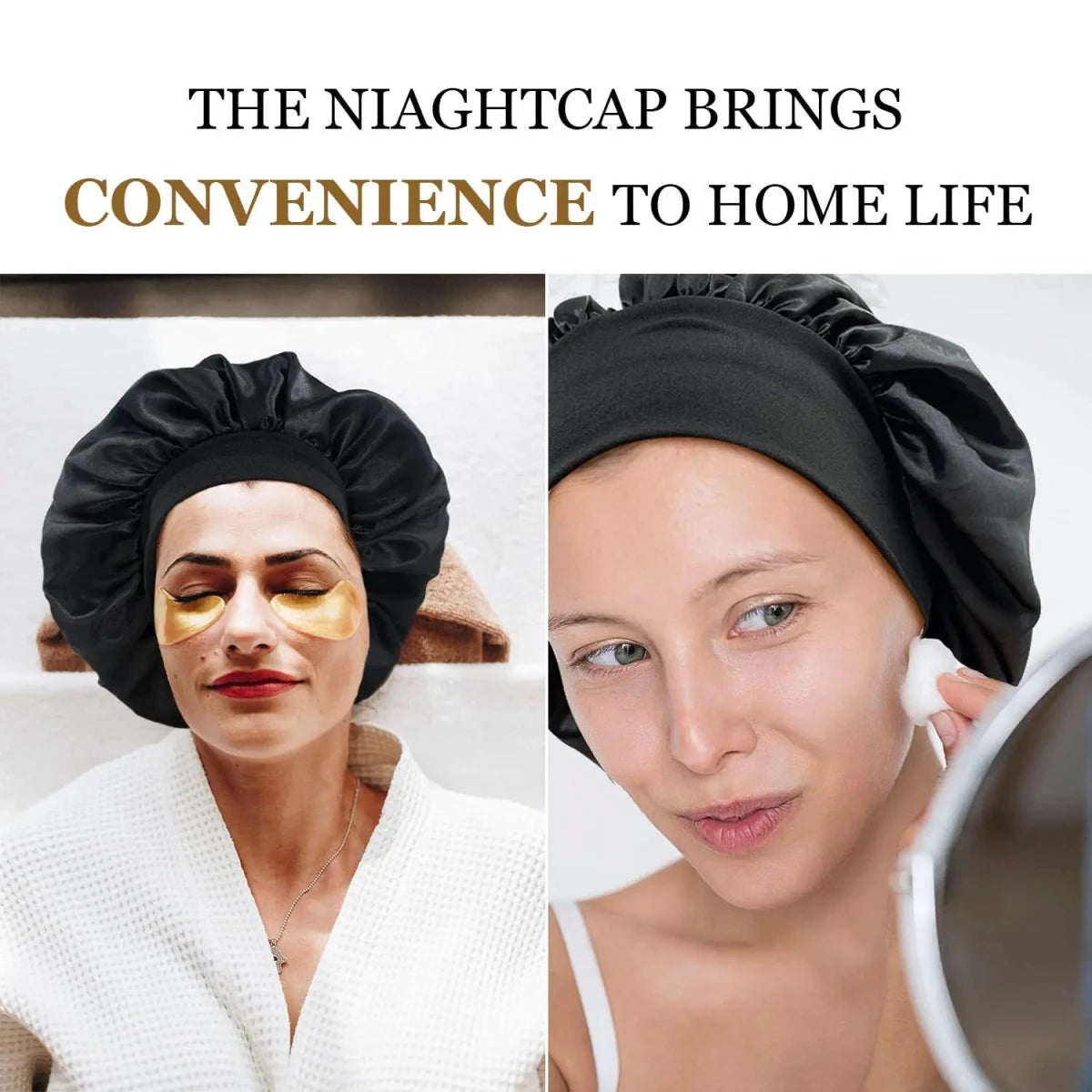 Silk wide-brimmed sleeping bonnet for women, satin hair care bonnet by MANDOTOS INTERNATIONAL, shown on a model.