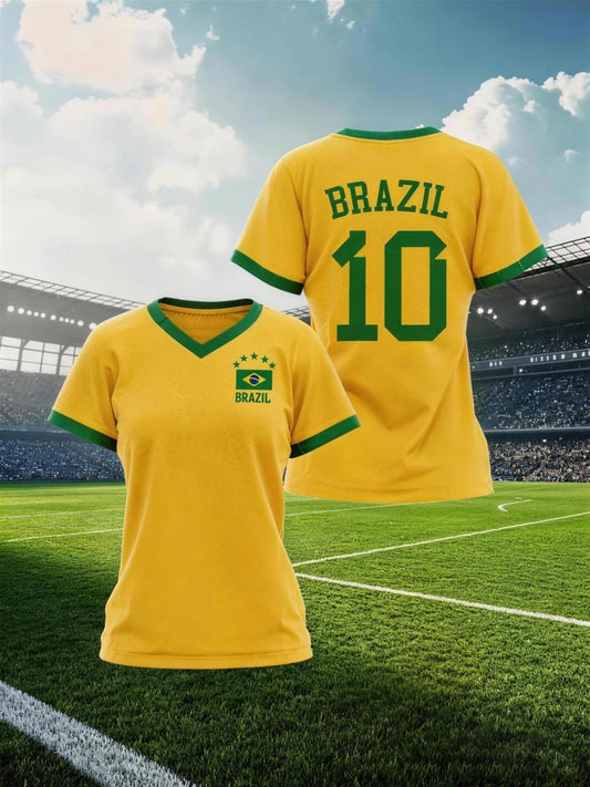 Women's Brazil National Team sporty graphic print jersey t-shirt by Mandotos International, featuring bold team-inspired design.