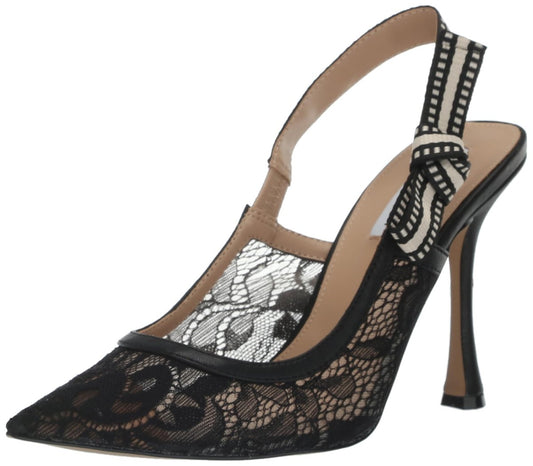 Steve Madden BRI black lace stiletto shoe, size 6.5, with elegant lace detailing and high heel design.