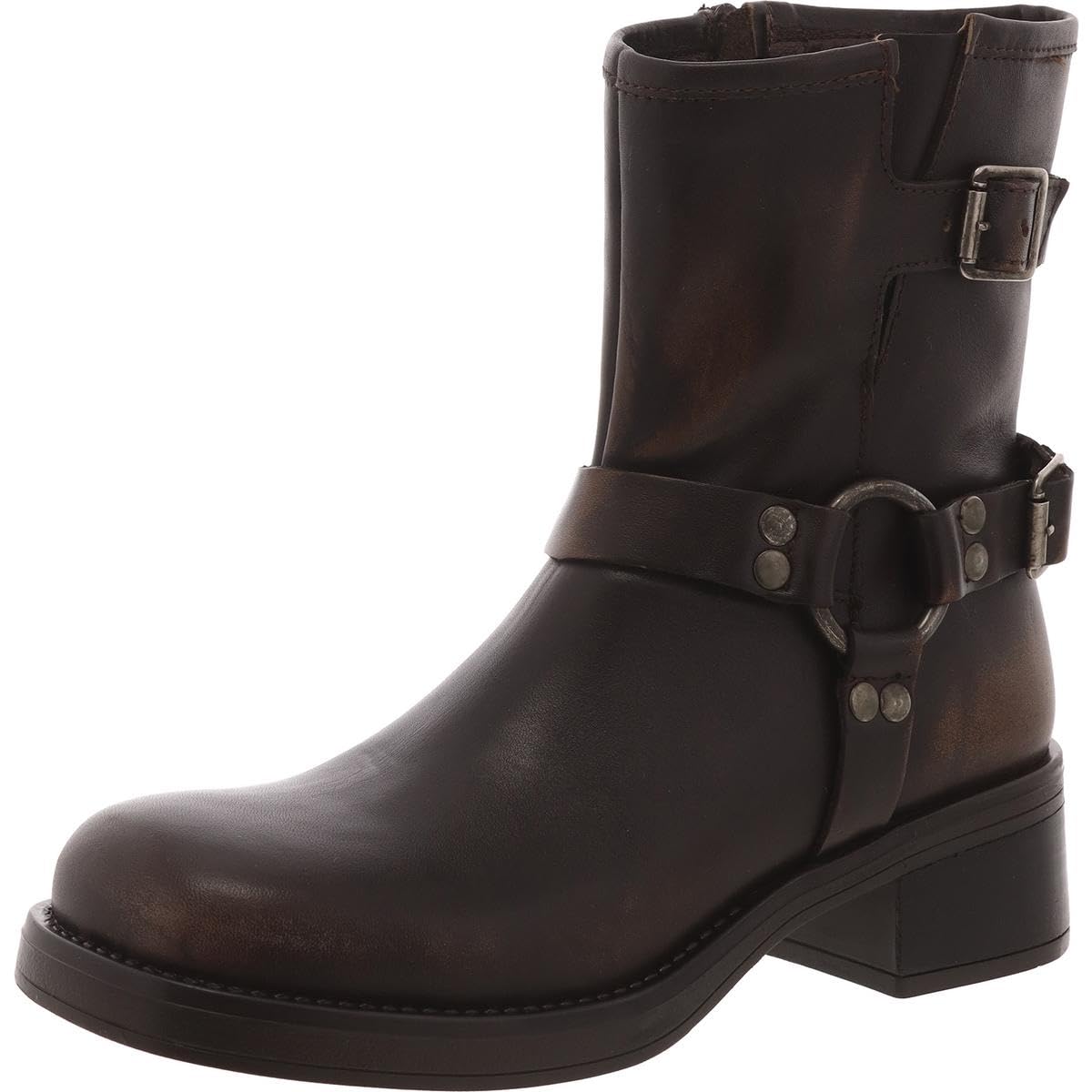 Brown Steve Madden Brixton Moto Boot in size 8, featuring rugged leather design and stylish ankle buckle detail.