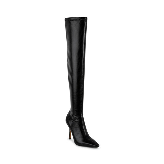 Black Steve Madden Lorinda sleek over-the-knee boot in size 9, featuring a smooth leather finish and stylish design.