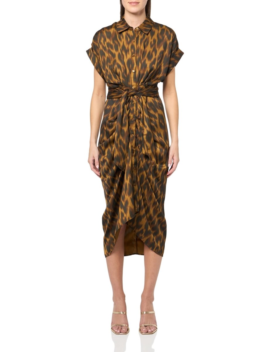 Steve Madden Satin Tori Shirtdress in toffee color, silky fabric and button-down style, styled with a collar and long sleeves.