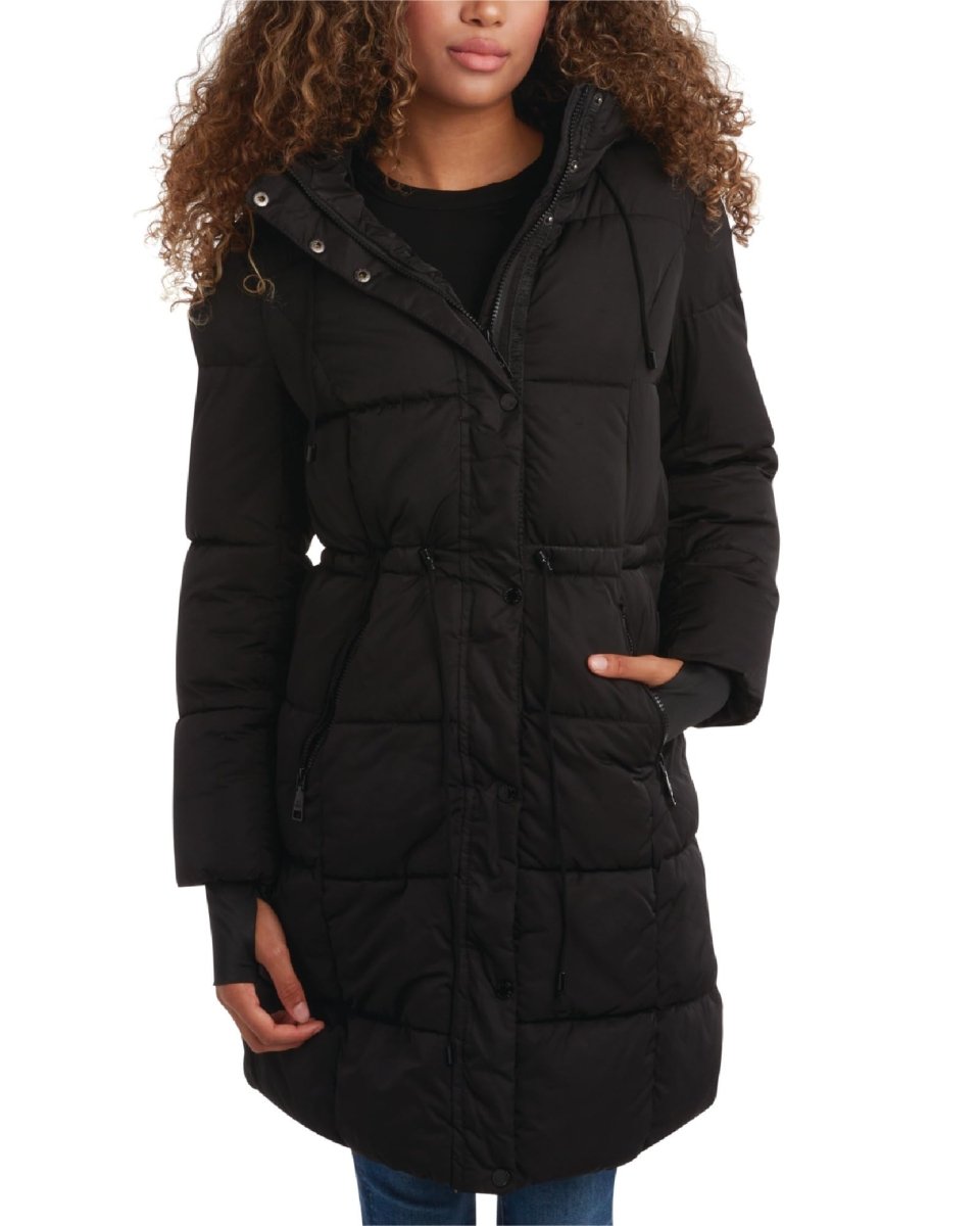 Steve Madden women's black long puffer coat with hood, X-large size, stylish and warm winter outerwear by Mandotos International.