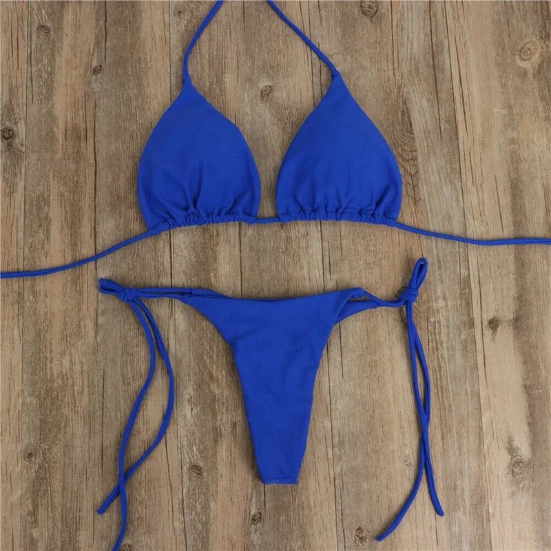 Mandotos International summer solid micro bikini set for women with tie side G-string thong, Brazilian swimwear, and bandage style.