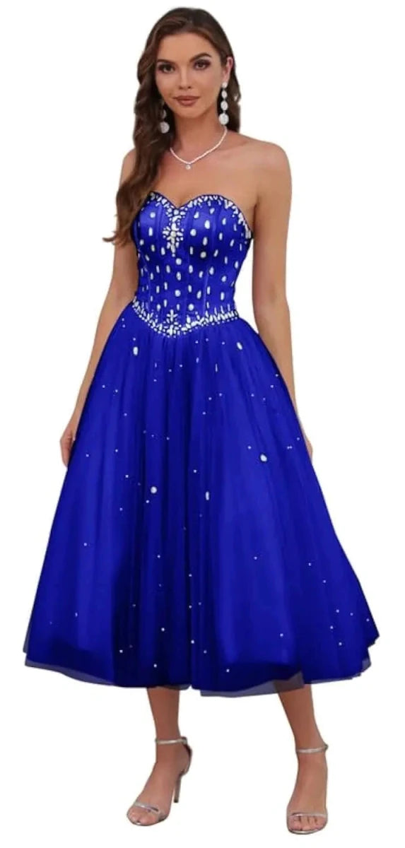 Mandotos International sweetheart tulle prom ball gown with tea-length design, featuring elegant details and a fitted bodice.