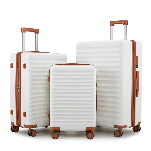 Luxury lightweight hard shell travel suitcases set by MANDOTOS INTERNATIONAL, includes 20, 24, and 28-inch luggage pieces.