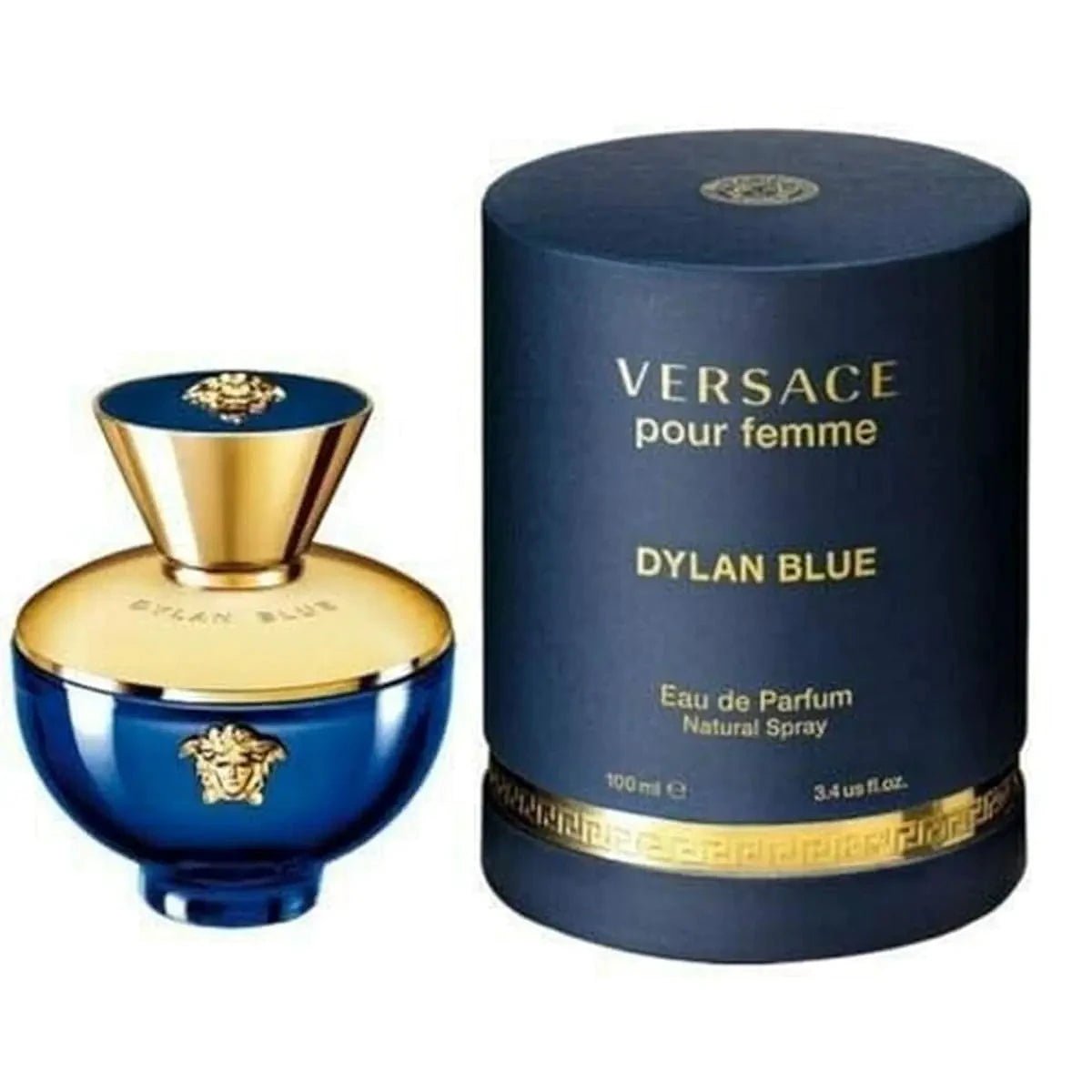 Versace Dylan Blue Femme EDP spray in 3.4 oz bottle, featuring elegant packaging and the signature fragrance design.