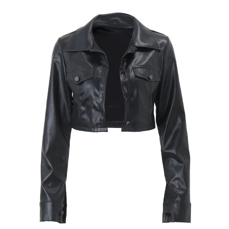 Mandotos International Vogue PU cropped jacket in black, featuring a stylish tailored fit and sleek design.