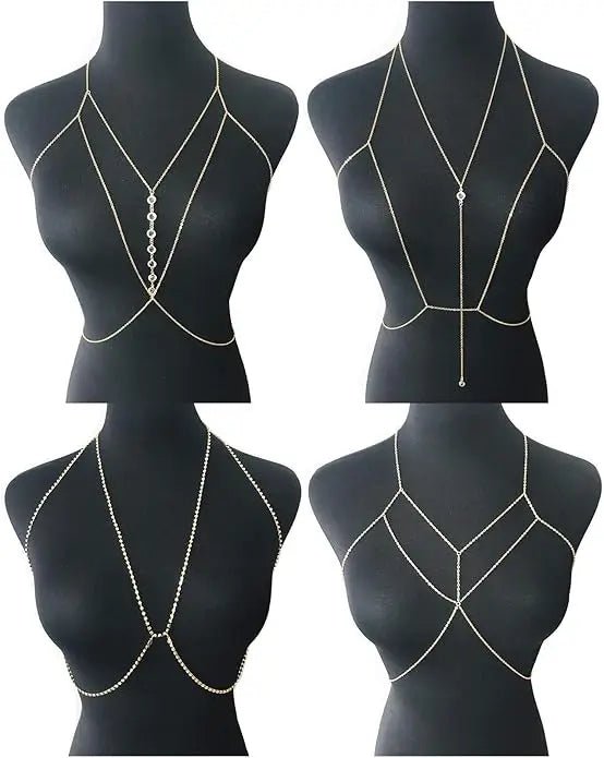 Women's gold body chain necklace bikini jewelry set with four pieces, featuring intricate gold chains and stylish design.