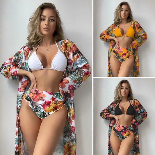 Mandotos International three-piece floral printed bikini swimwear set with cover-up, designed for fashionable beachwear and women.