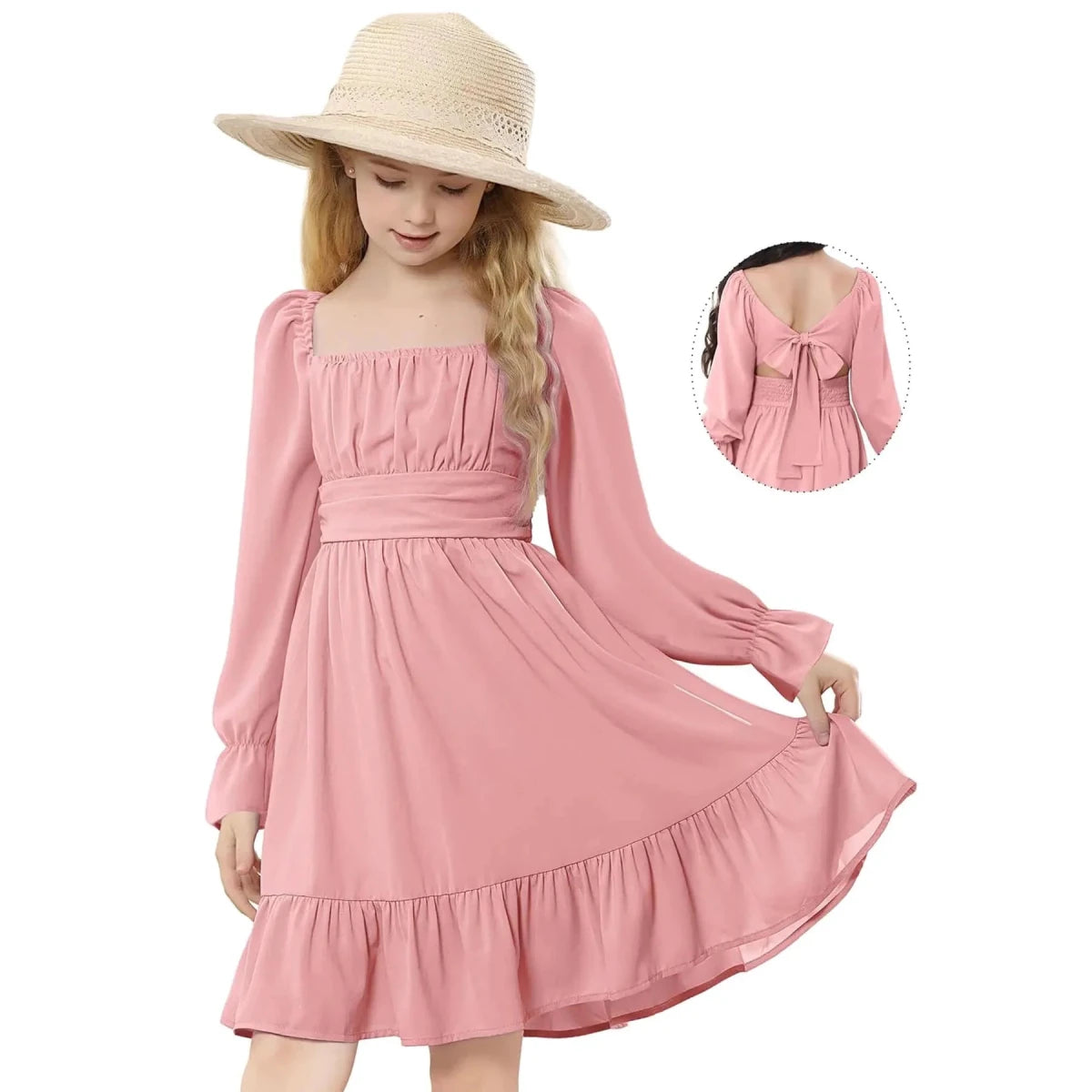 Pink off-shoulder girls' dress by Mandotos International, suitable for all occasions, for ages 10-11 years, featuring a stylish design.