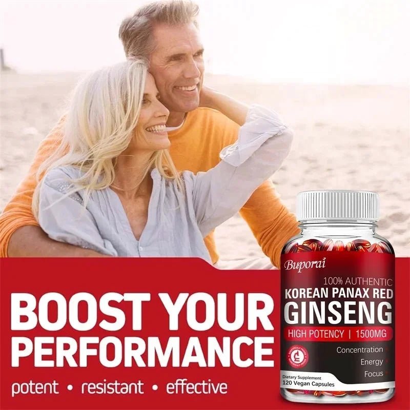 Mandotos Korean Red Panax Ginseng capsules boosting energy, mood, stamina, and mental health support in a bottle.