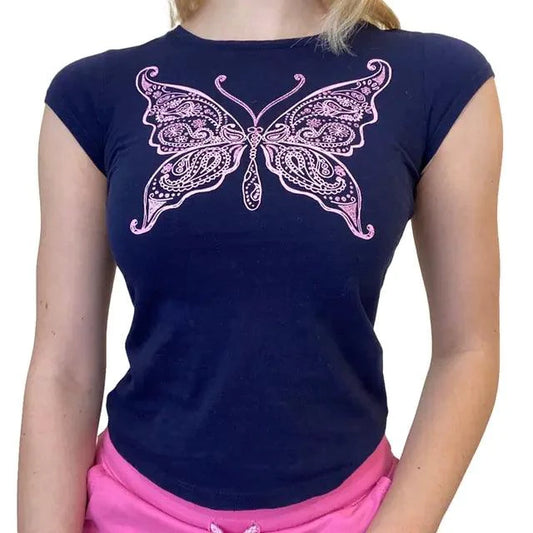 Mandotos ladies' retro print crop tee featuring vibrant vintage-inspired patterns and a relaxed fit.