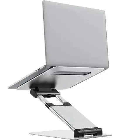 Mandotos laptop stand for desk with 360° rotating base, adjustable height, and sturdy design for ergonomic workspace setup.